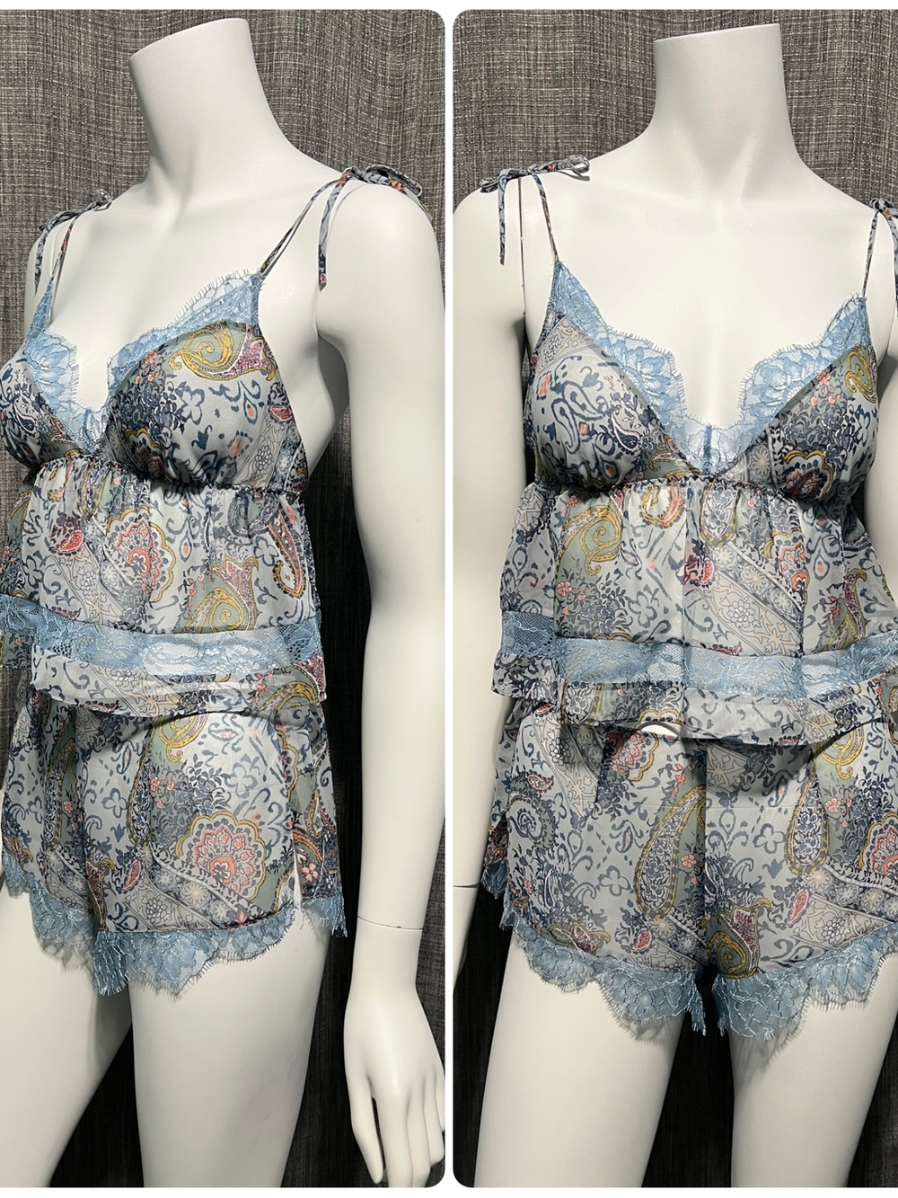 Victoria’s Secret Blue Paisley Print Semi Sheer Lace Trim Cami & Short Set XS